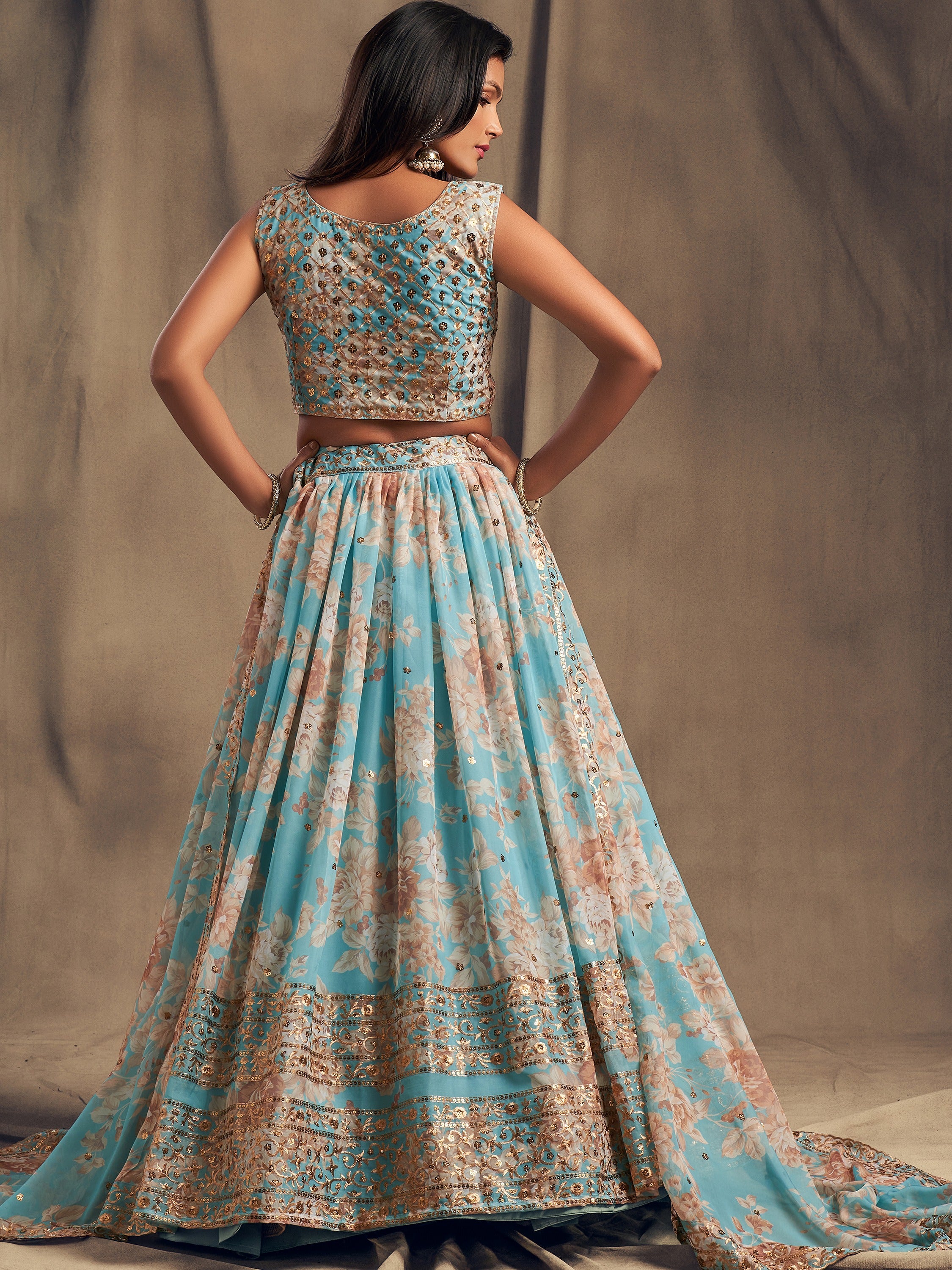 Majestic Blue Printed Organza Function Wear Plus Size Lehenga Choli