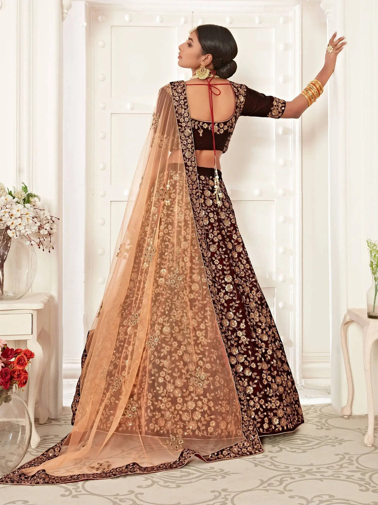 Maroon Heavy Embroidery Velvet Bridal Lehenga Choli