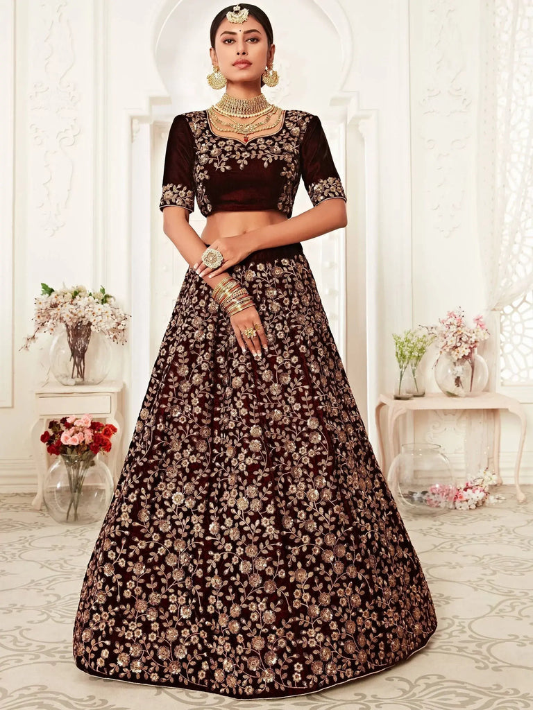 Maroon Heavy Embroidery Velvet Bridal Lehenga Choli