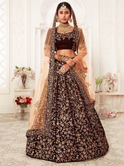 Maroon Heavy Embroidery Velvet Bridal Lehenga Choli