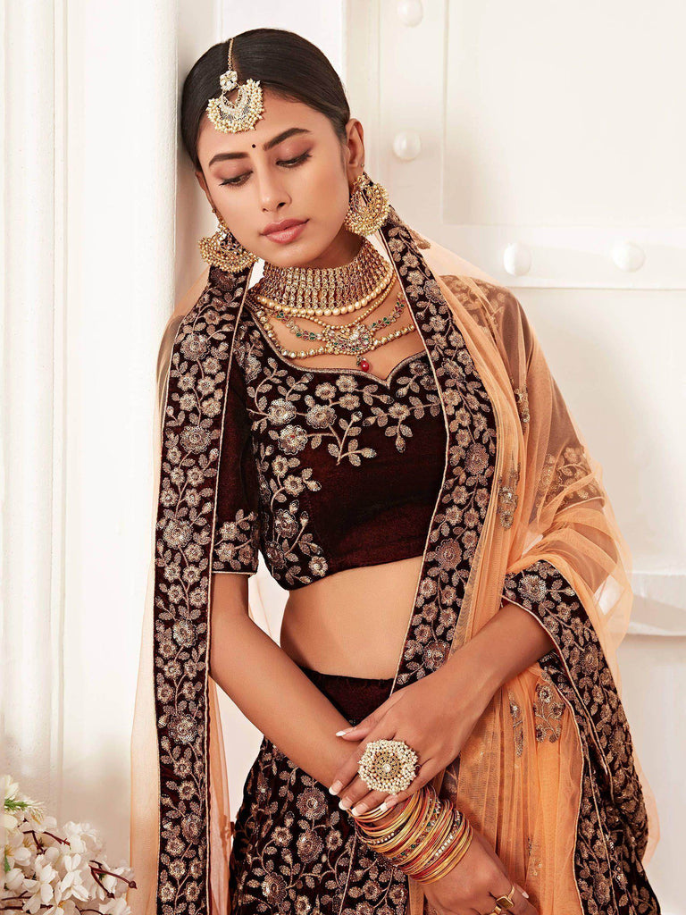 Maroon Heavy Embroidery Velvet Bridal Lehenga Choli