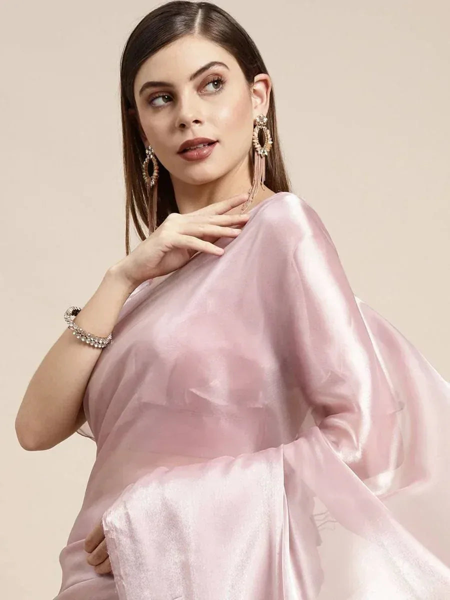 Elegant pink satin saree with designer blouse, perfect for Indian ethnic occasions and festive wear.