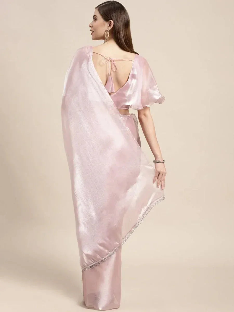 Pink satin saree with backless blouse, ethnic wear for women