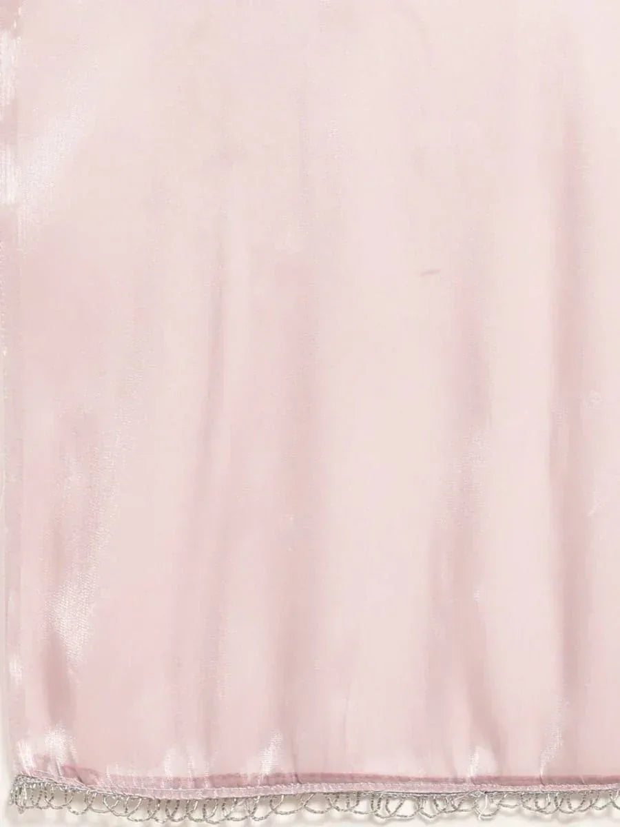 Soft pink satin fabric with delicate silver scalloped trim, ideal for ethnic wear like lehenga or saree