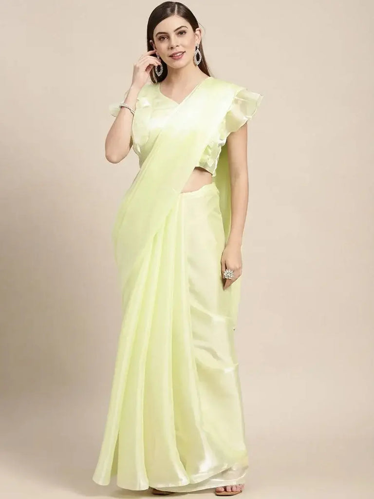 Great Pista Green Jimi Silk Gathering Wear Saree With Pallu Lace Border