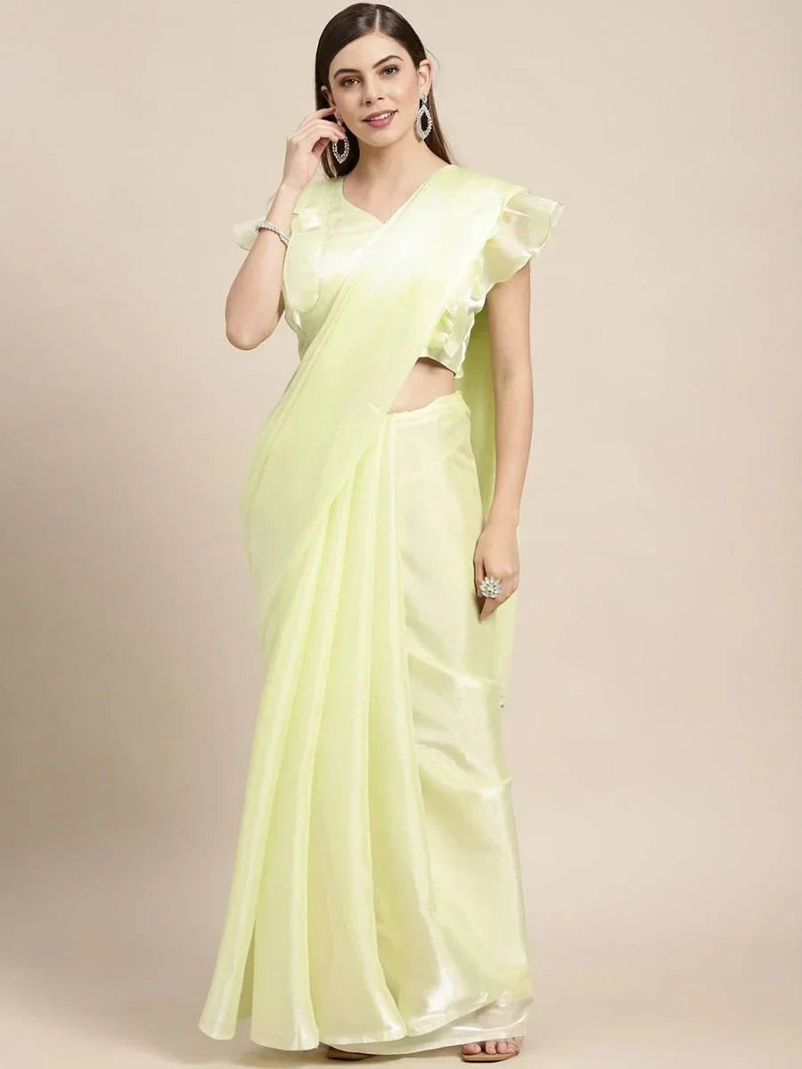 Great Pista Green Jimi Silk Gathering Wear Saree With Pallu Lace Border