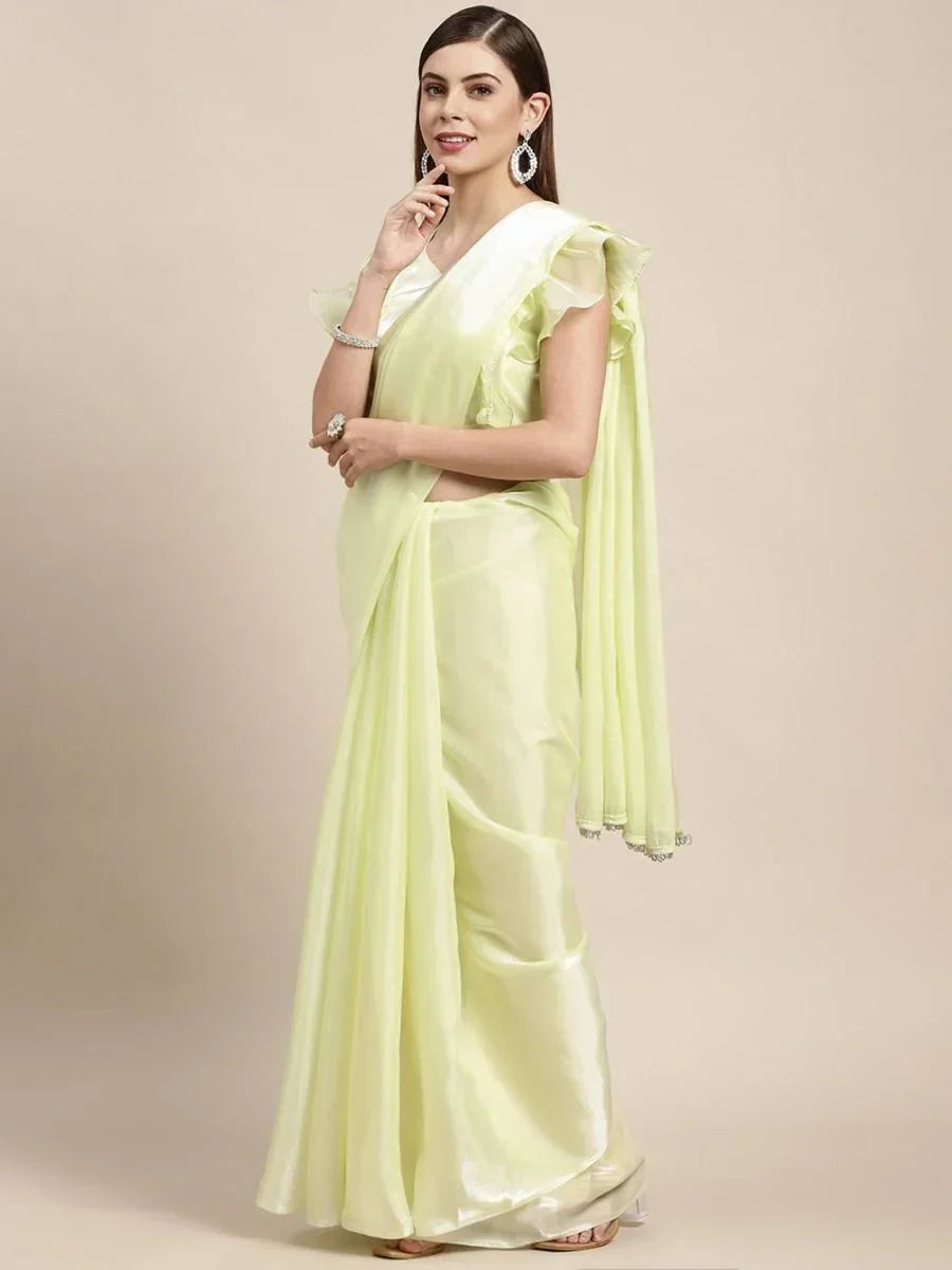Great Pista Green Jimi Silk Gathering Wear Saree With Pallu Lace Border