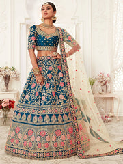Lovely Blue Embroidered Velvet Wedding Wear Plus Size Lehenga Choli