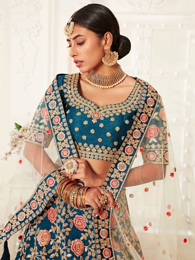 Lovely Blue Embroidered Velvet Wedding Wear Plus Size Lehenga Choli