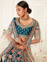 Lovely Blue Embroidered Velvet Wedding Wear Plus Size Lehenga Choli