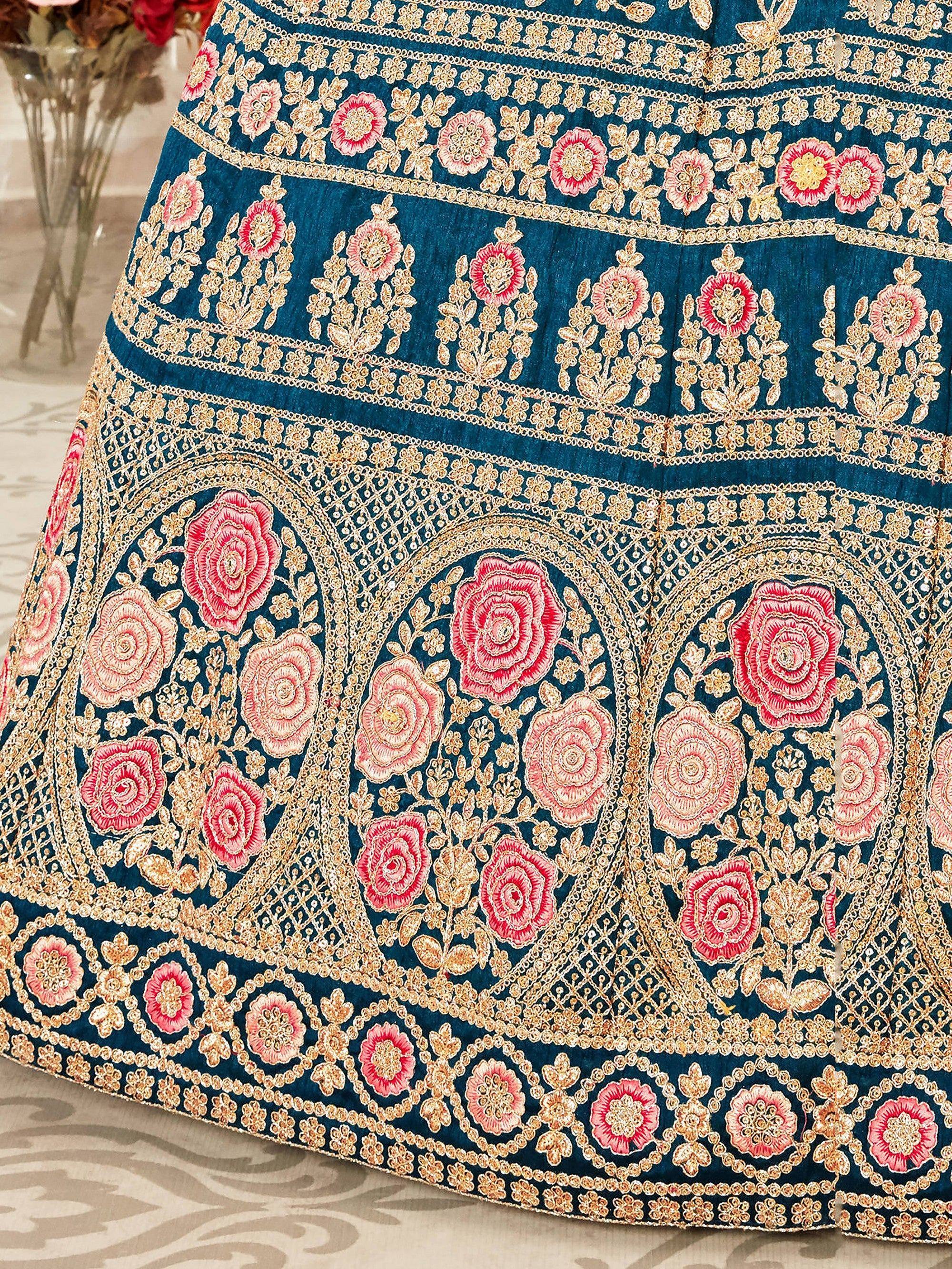 Lovely Blue Embroidered Velvet Wedding Wear Plus Size Lehenga Choli