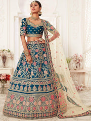Blue Rose Embroidered Silk Bridal Lehenga Choli