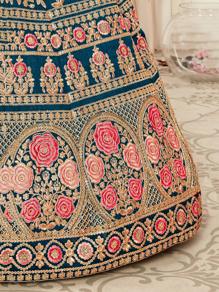 Lovely Blue Embroidered Velvet Wedding Wear Plus Size Lehenga Choli