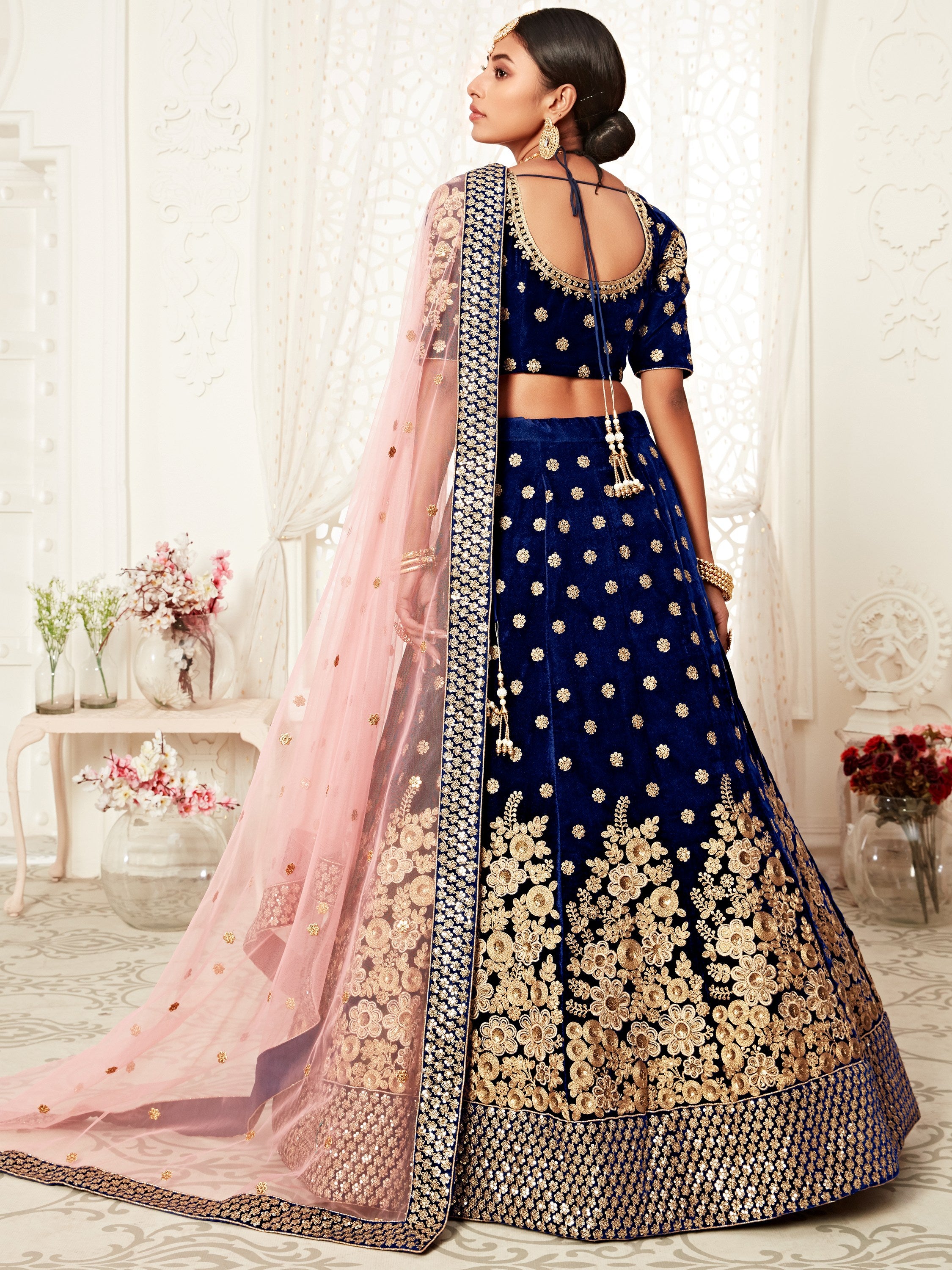 Pretty Navy Blue Embroidered Velvet Designer Plus Size Lehenga Choli