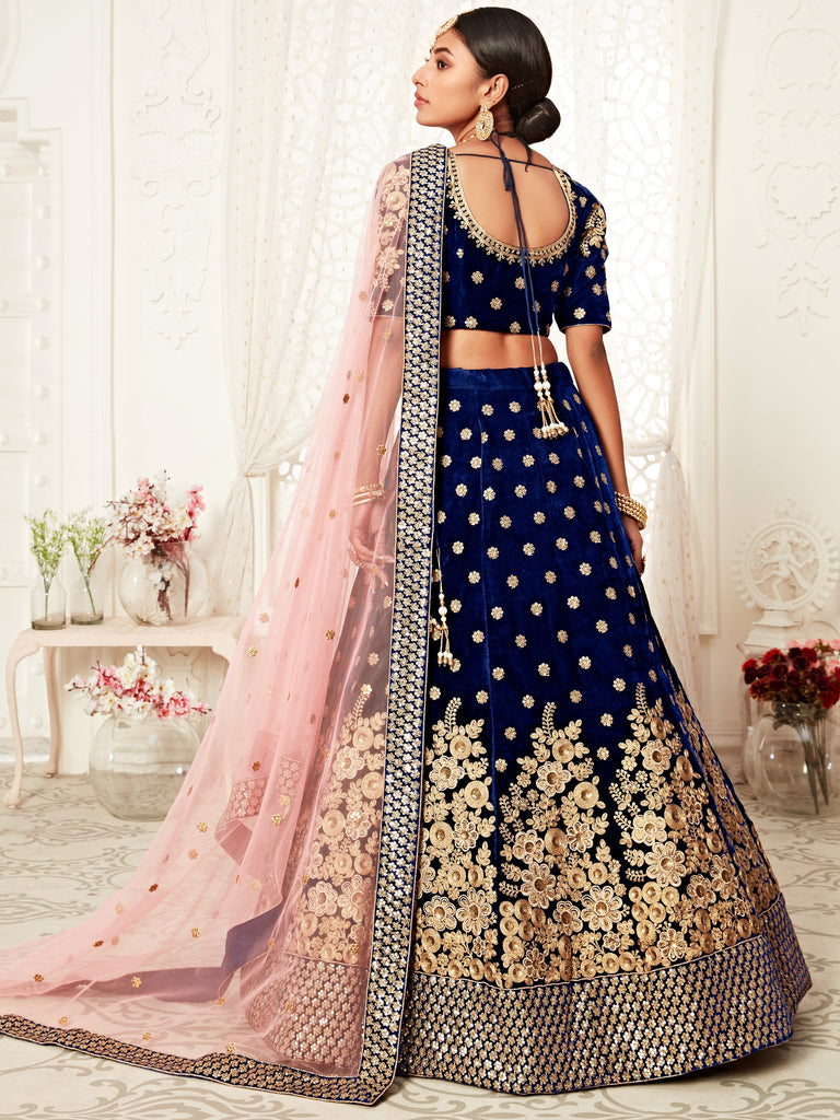Pretty Navy Blue Embroidered Velvet Designer Plus Size Lehenga Choli
