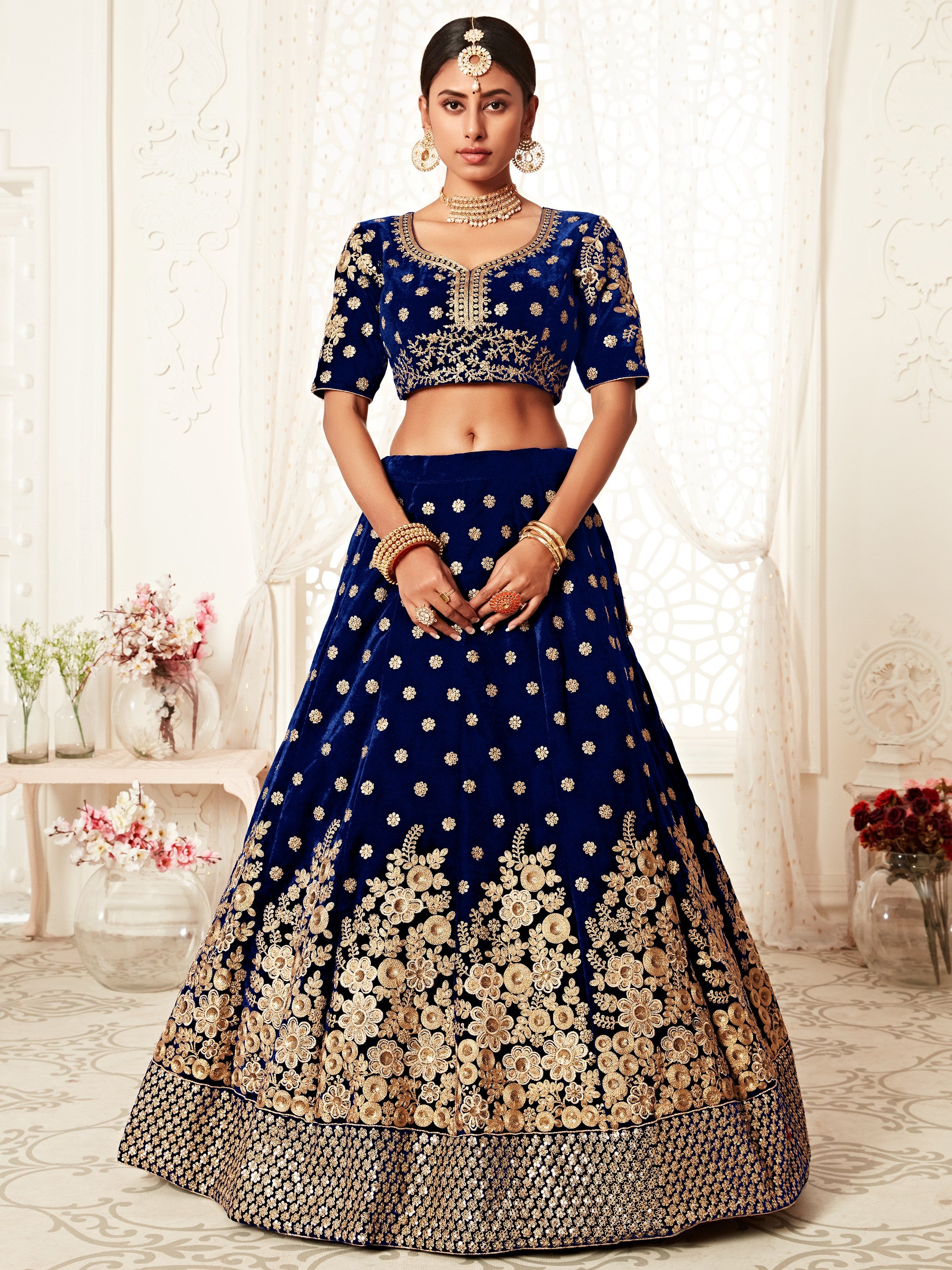 Pretty Navy Blue Embroidered Velvet Designer Plus Size Lehenga Choli