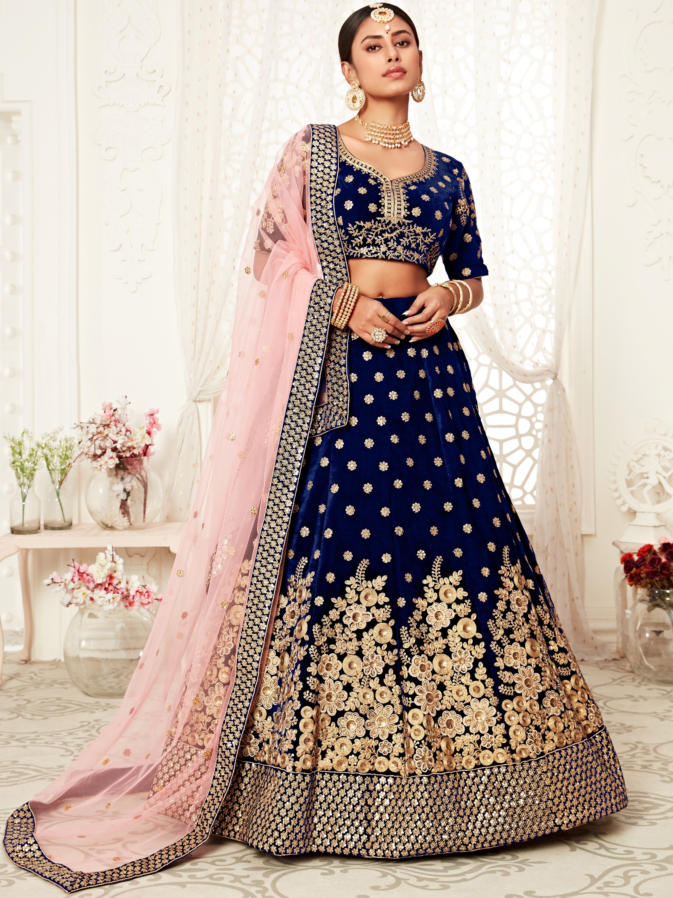Pretty Navy Blue Embroidered Velvet Designer Plus Size Lehenga Choli