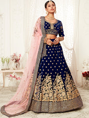 Pretty Navy Blue Embroidered Velvet Designer Plus Size Lehenga Choli