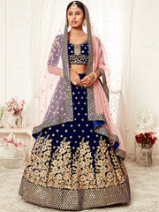 Pretty Navy Blue Embroidered Velvet Designer Plus Size Lehenga Choli