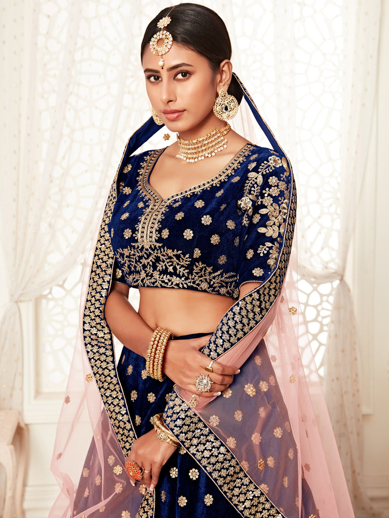 Pretty Navy Blue Embroidered Velvet Designer Plus Size Lehenga Choli