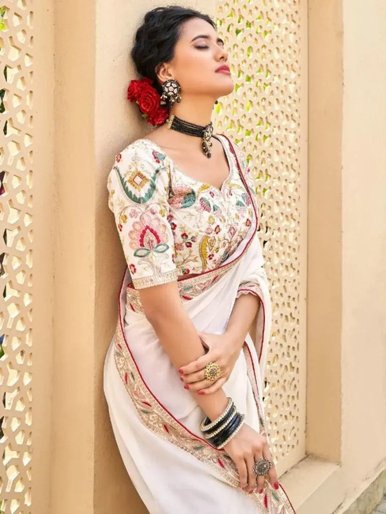 Splendid Cream Fancy Embroidery Georgette Saree With Blouse