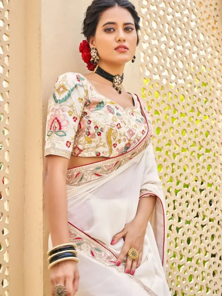 Splendid Cream Fancy Embroidery Georgette Saree With Blouse