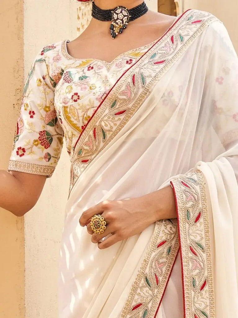 Splendid Cream Fancy Embroidery Georgette Saree With Blouse