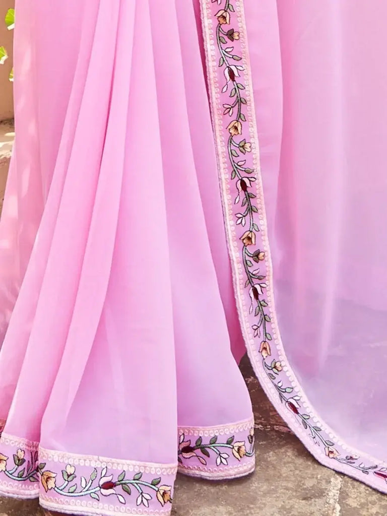 Incredible Baby Pink Fancy Embroidery Georgette Saree With Blouse