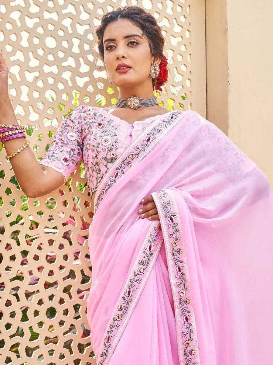 Incredible Baby Pink Fancy Embroidery Georgette Saree With Blouse
