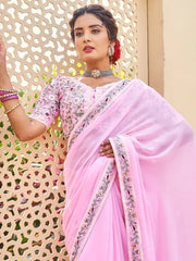 Incredible Baby Pink Fancy Embroidery Georgette Saree With Blouse