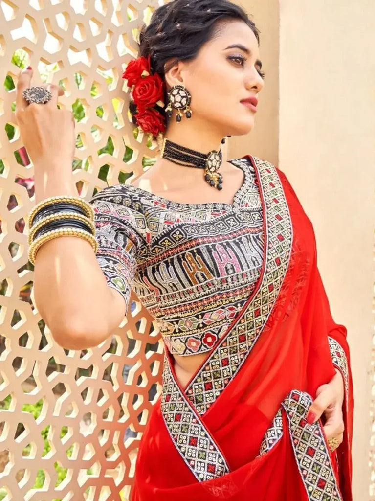 Marvelous Red Fancy Embroidery Georgette Party Wear Saree
