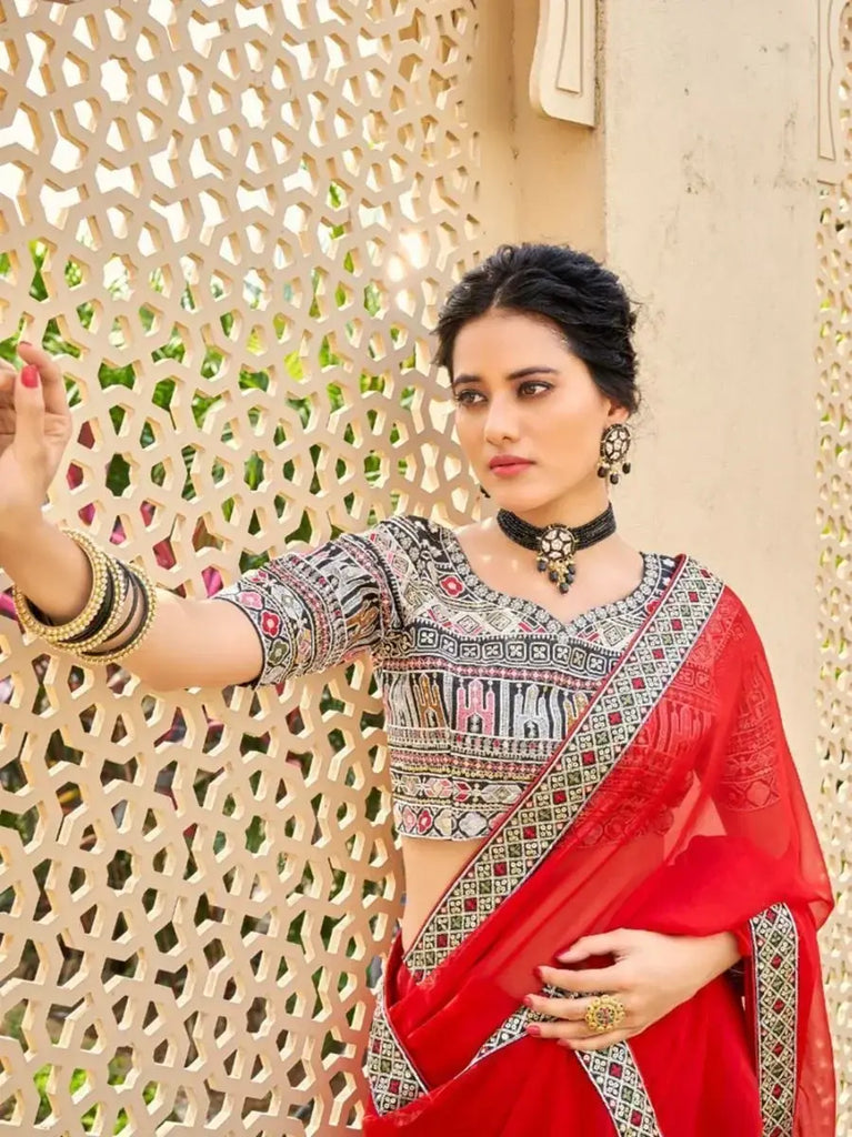 Marvelous Red Fancy Embroidery Georgette Party Wear Saree