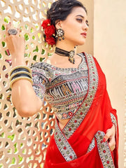 Marvelous Red Fancy Embroidery Georgette Party Wear Saree