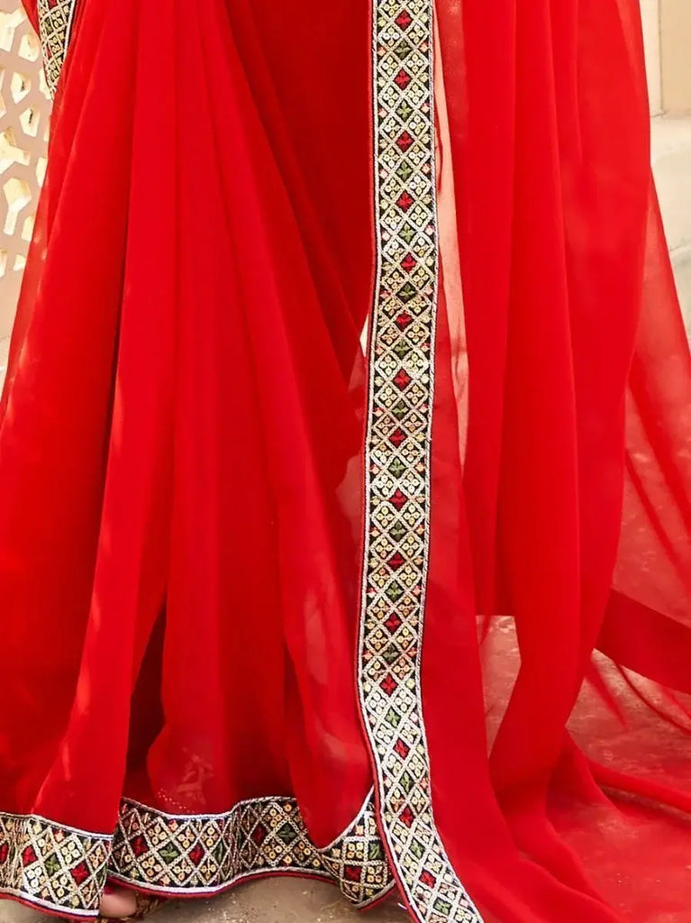 Marvelous Red Fancy Embroidery Georgette Party Wear Saree