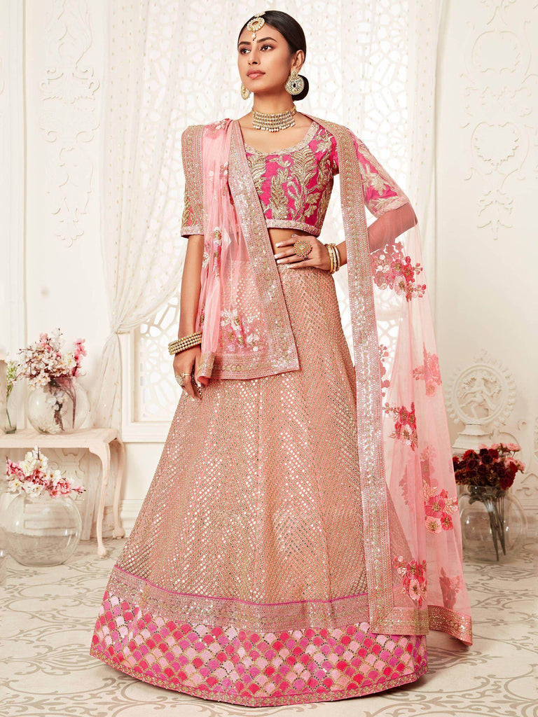 Pink Zari Embroidery Net Wedding Wear Lehenga Choli