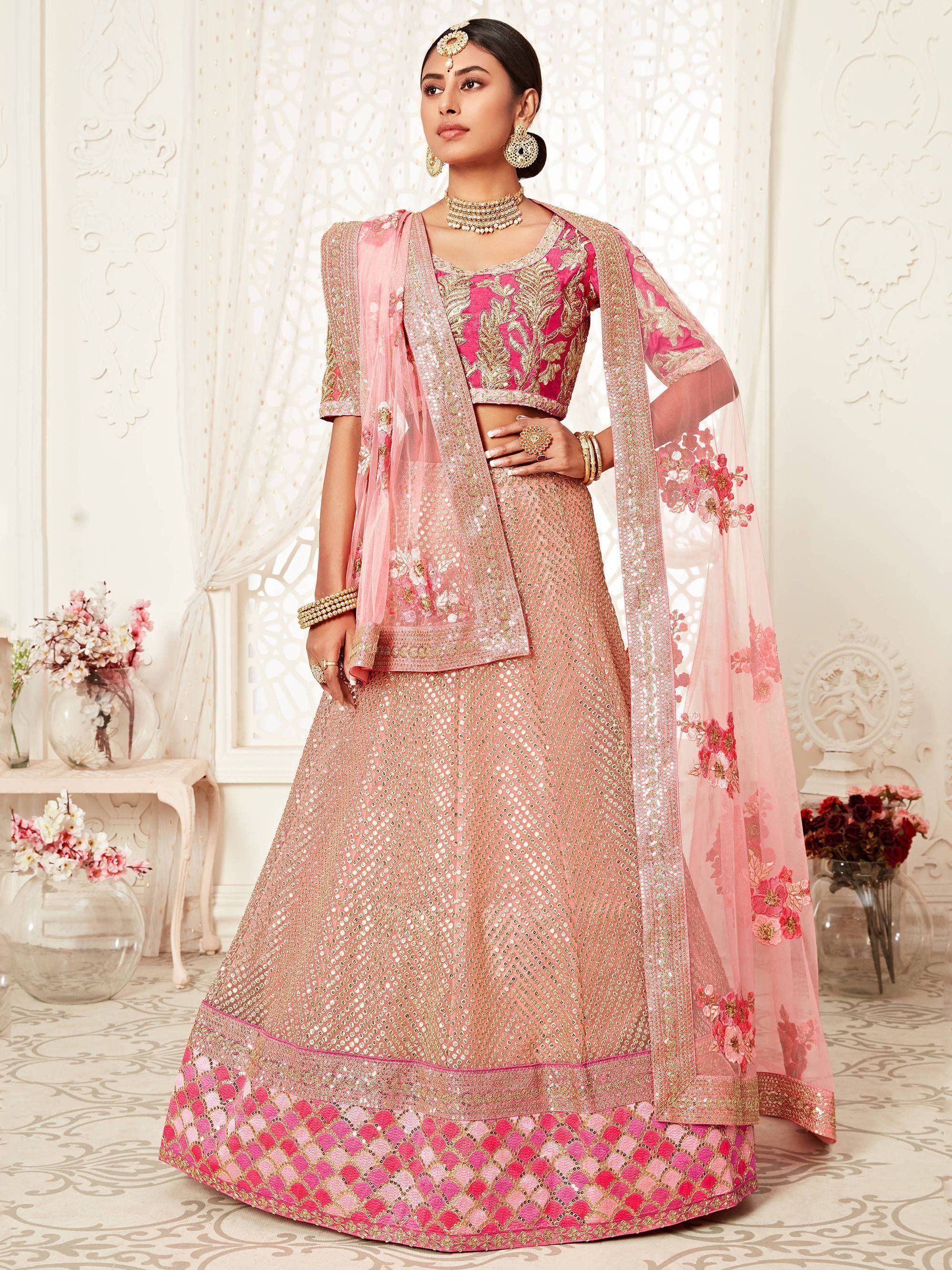 Pink and gold embroidered lehenga choli with floral dupatta, Indian ethnic wear for weddings