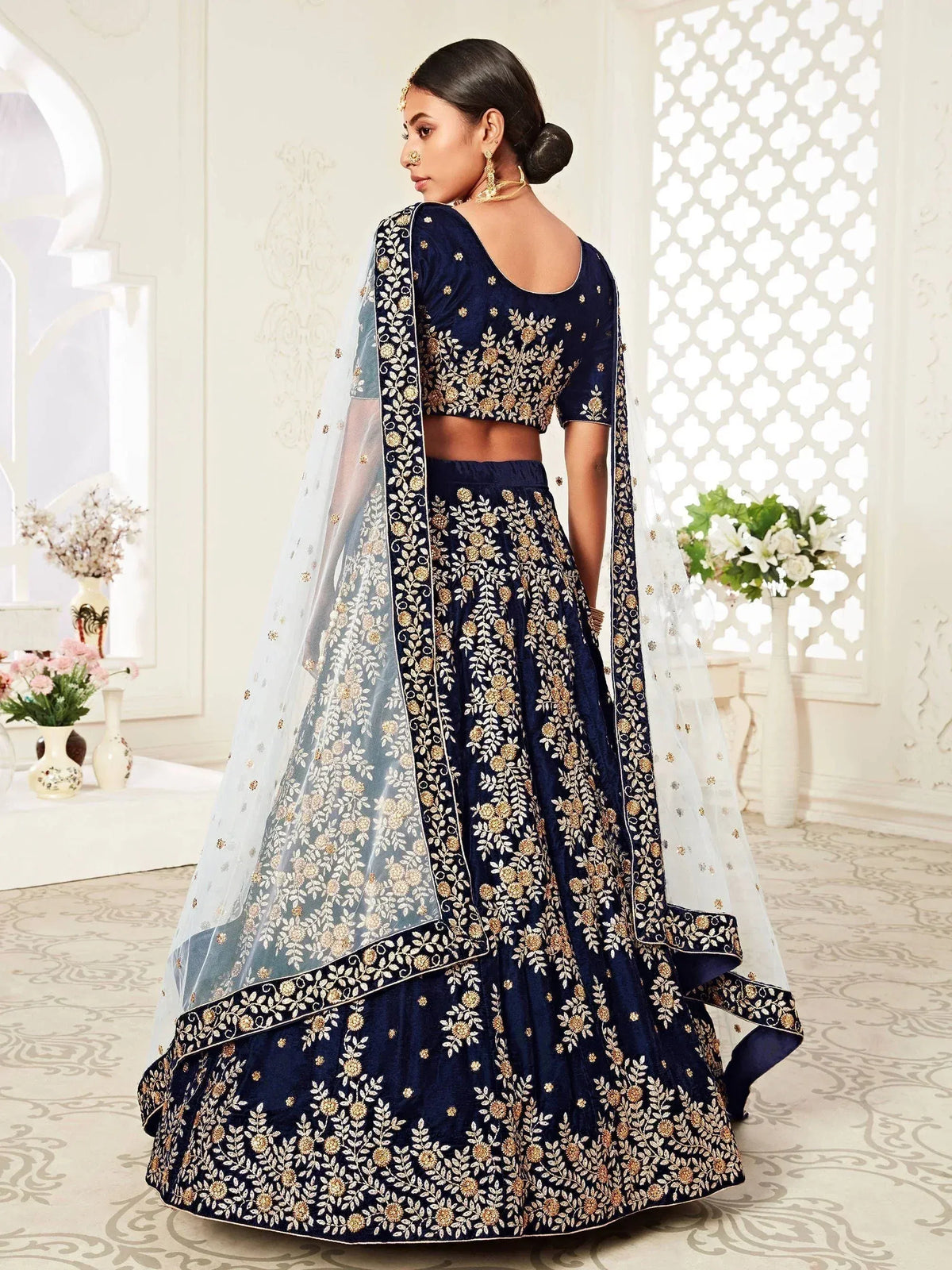 Navy blue embroidered lehenga choli with floral gold work and sheer dupatta, Indian ethnic wear