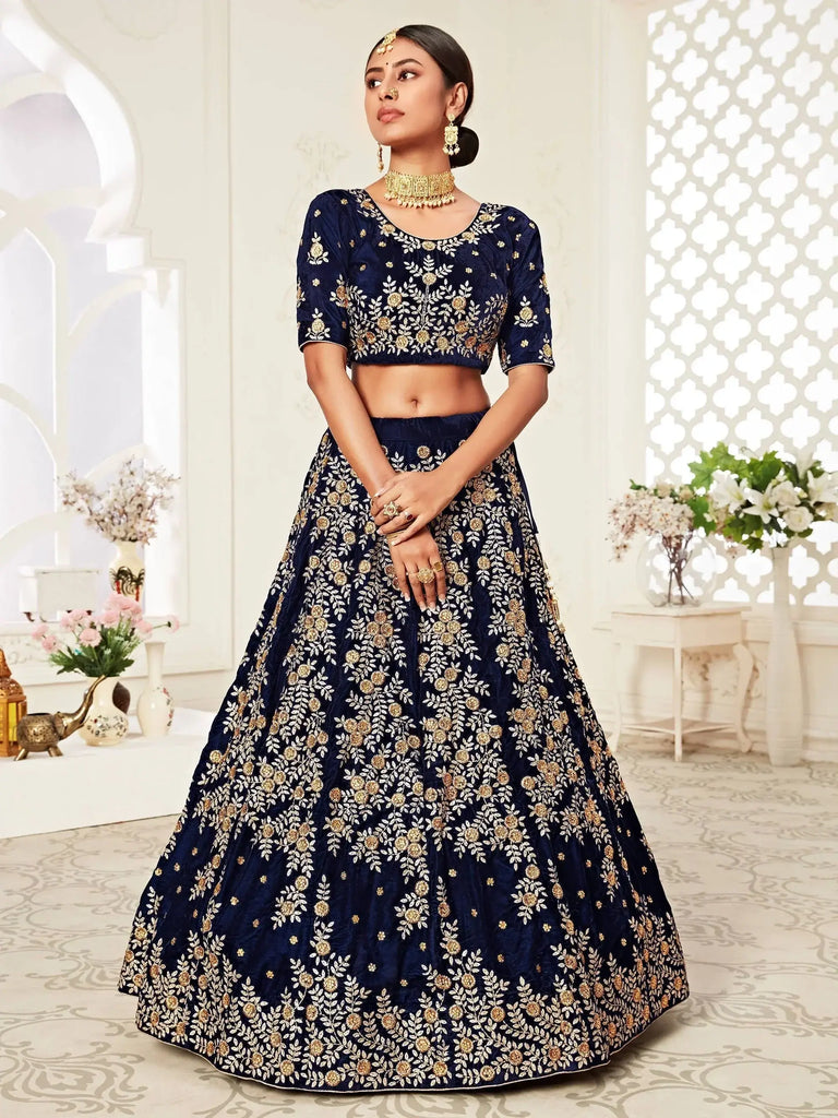 Navy Blue Embroidered Velvet Wedding Lehenga Choli