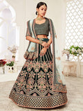 Green Floral Embroidered Velvet Bridal Lehenga Choli