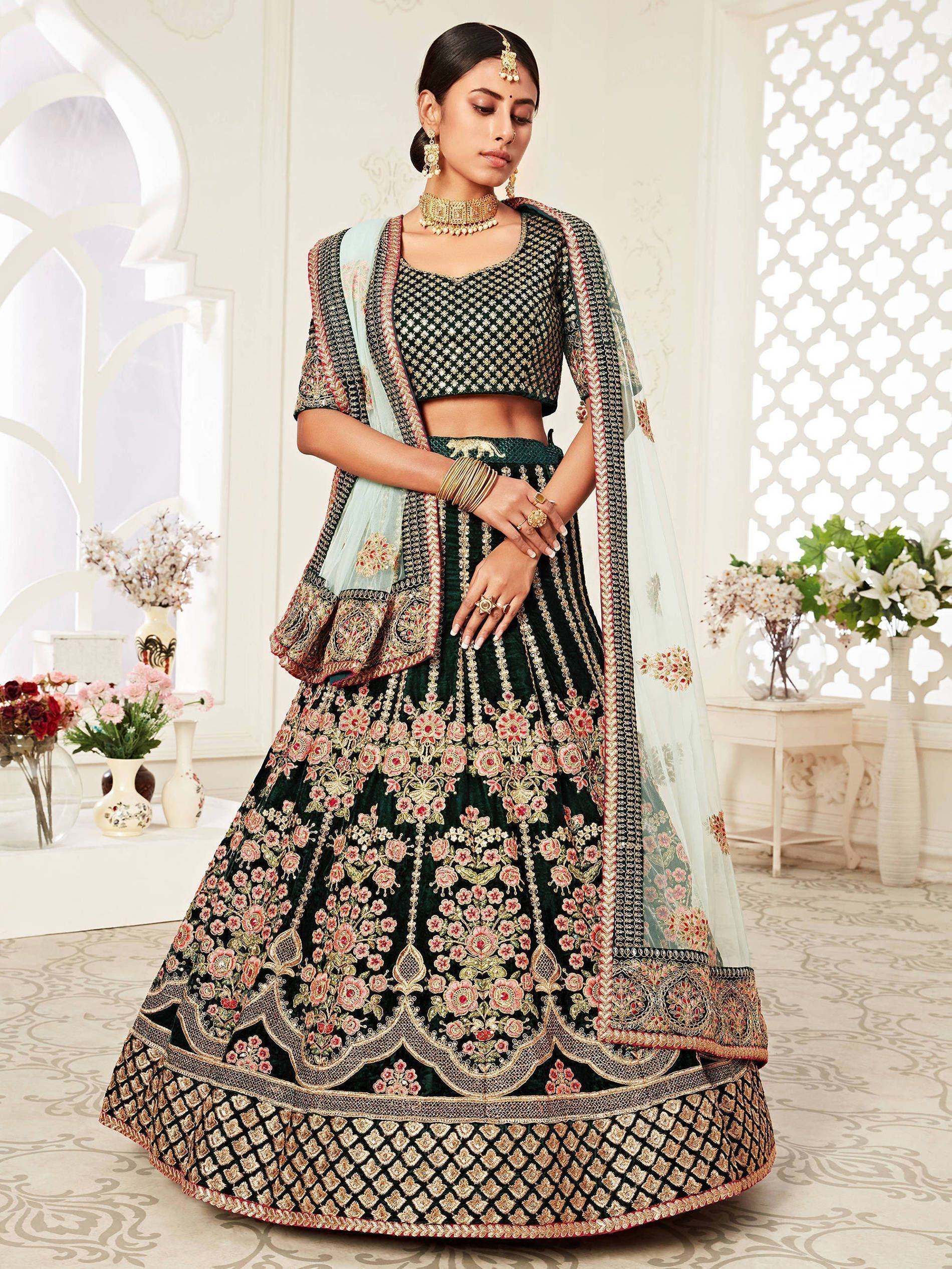 Green Floral Embroidered Velvet Bridal Lehenga Choli