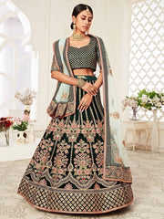 Green Floral Embroidered Velvet Bridal Lehenga Choli
