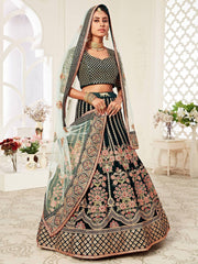 Green Floral Embroidered Velvet Bridal Lehenga Choli