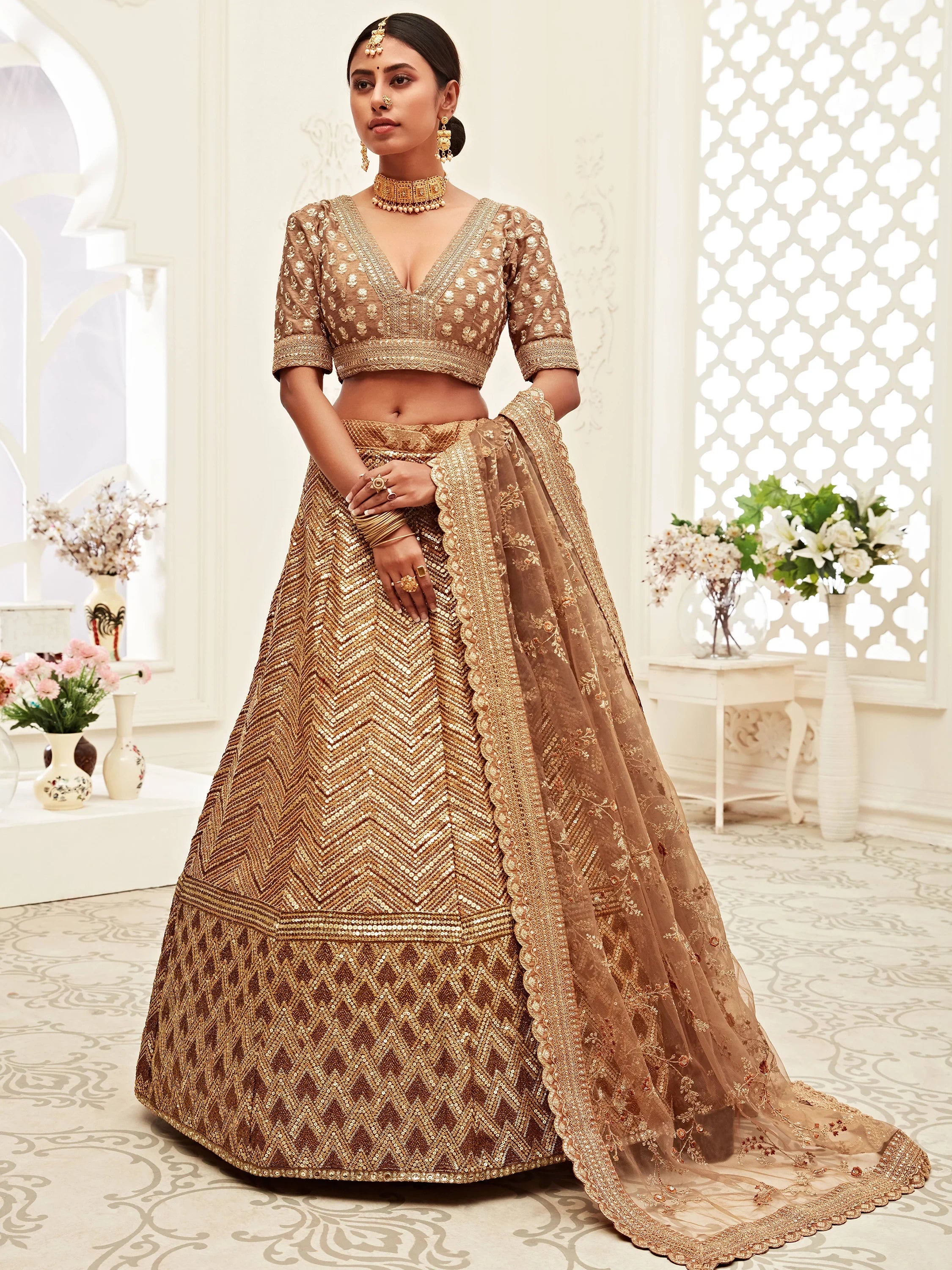 Brown Sequins Embroidered Slub Silk Bridal Wear Lehenga Choli