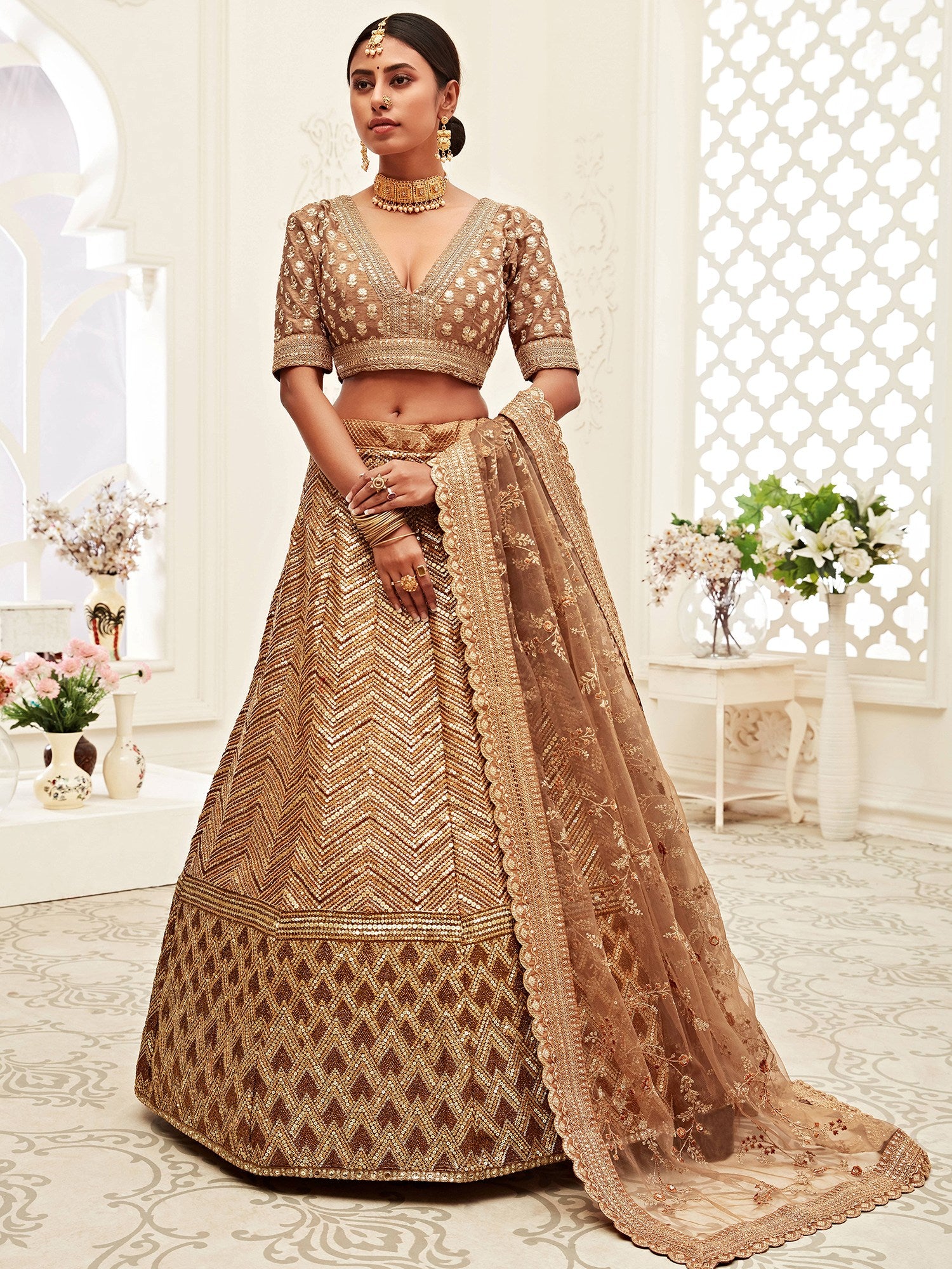 Sophistic Brown Sequins Silk Party Wear Plus Size Lehenga Choli