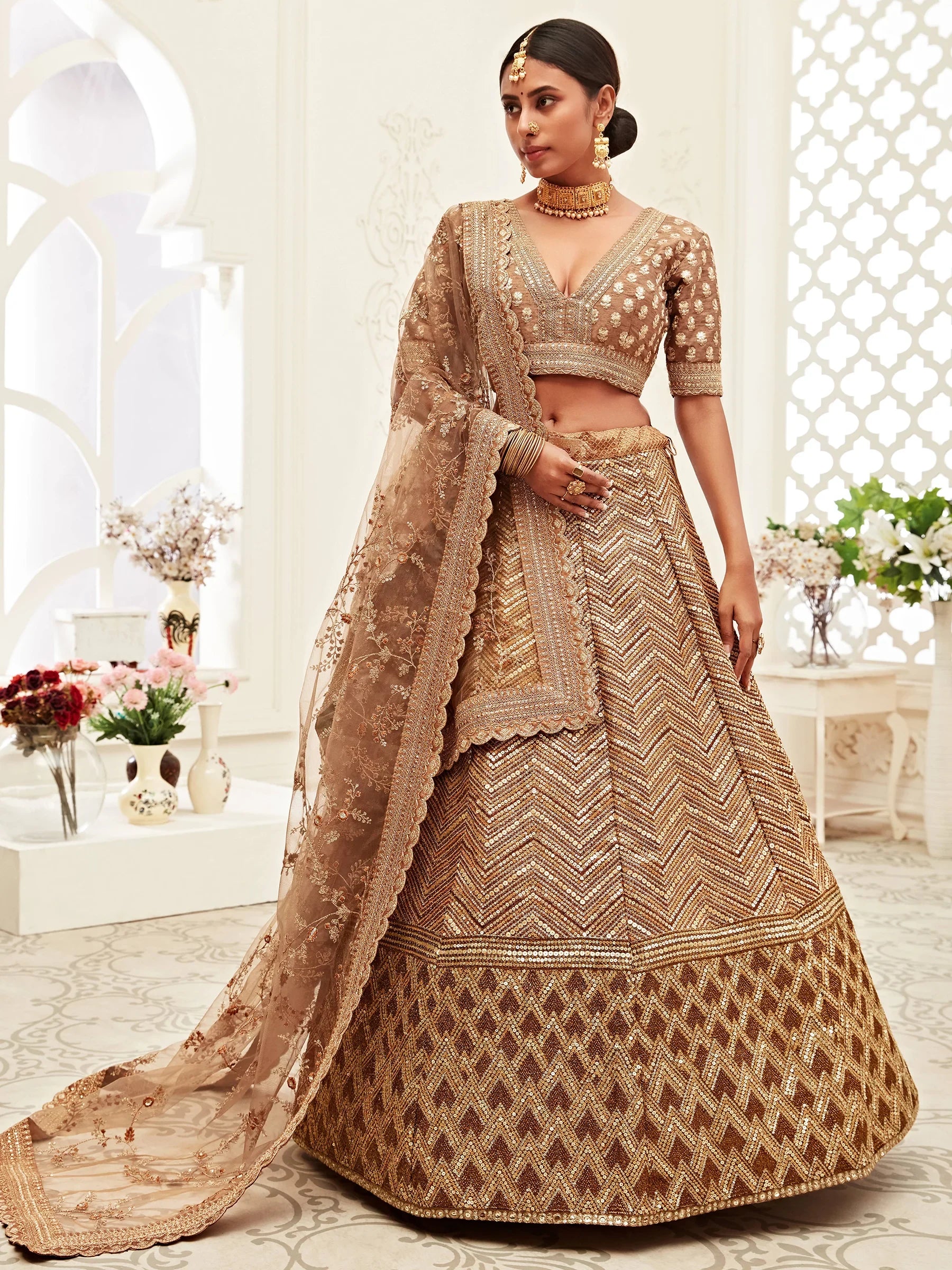 Brown Sequins Embroidered Slub Silk Bridal Wear Lehenga Choli