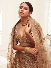 Sophistic Brown Sequins Silk Party Wear Plus Size Lehenga Choli