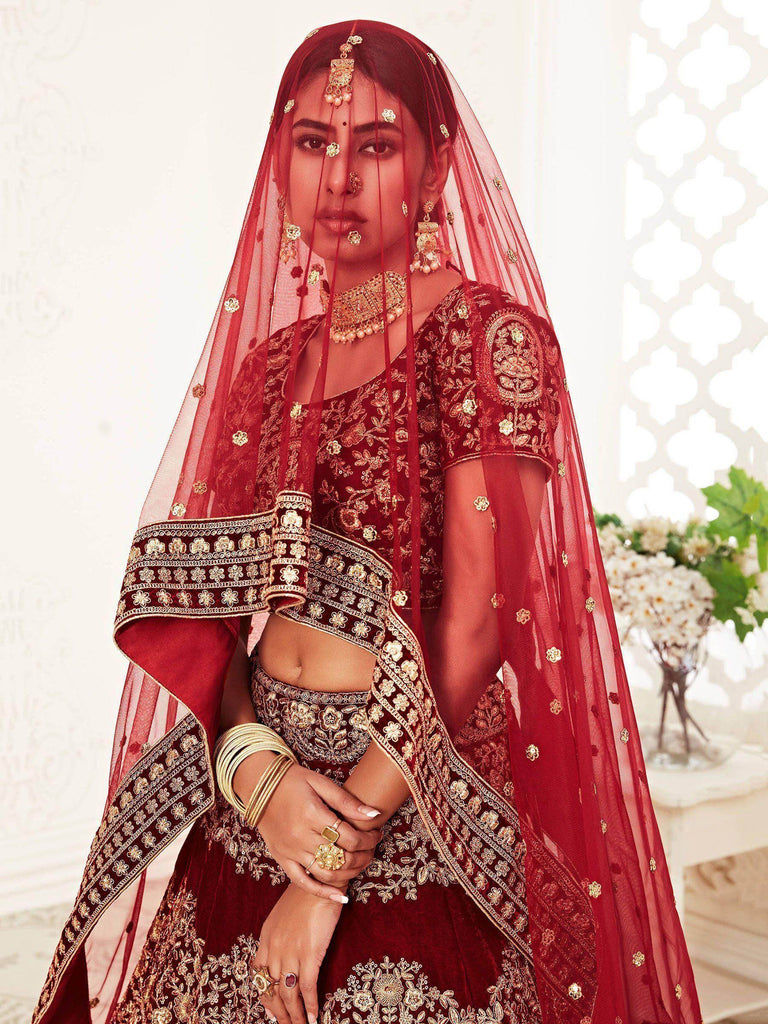 Red Heavy Embroidered Velvet Bridal Lehenga Choli
