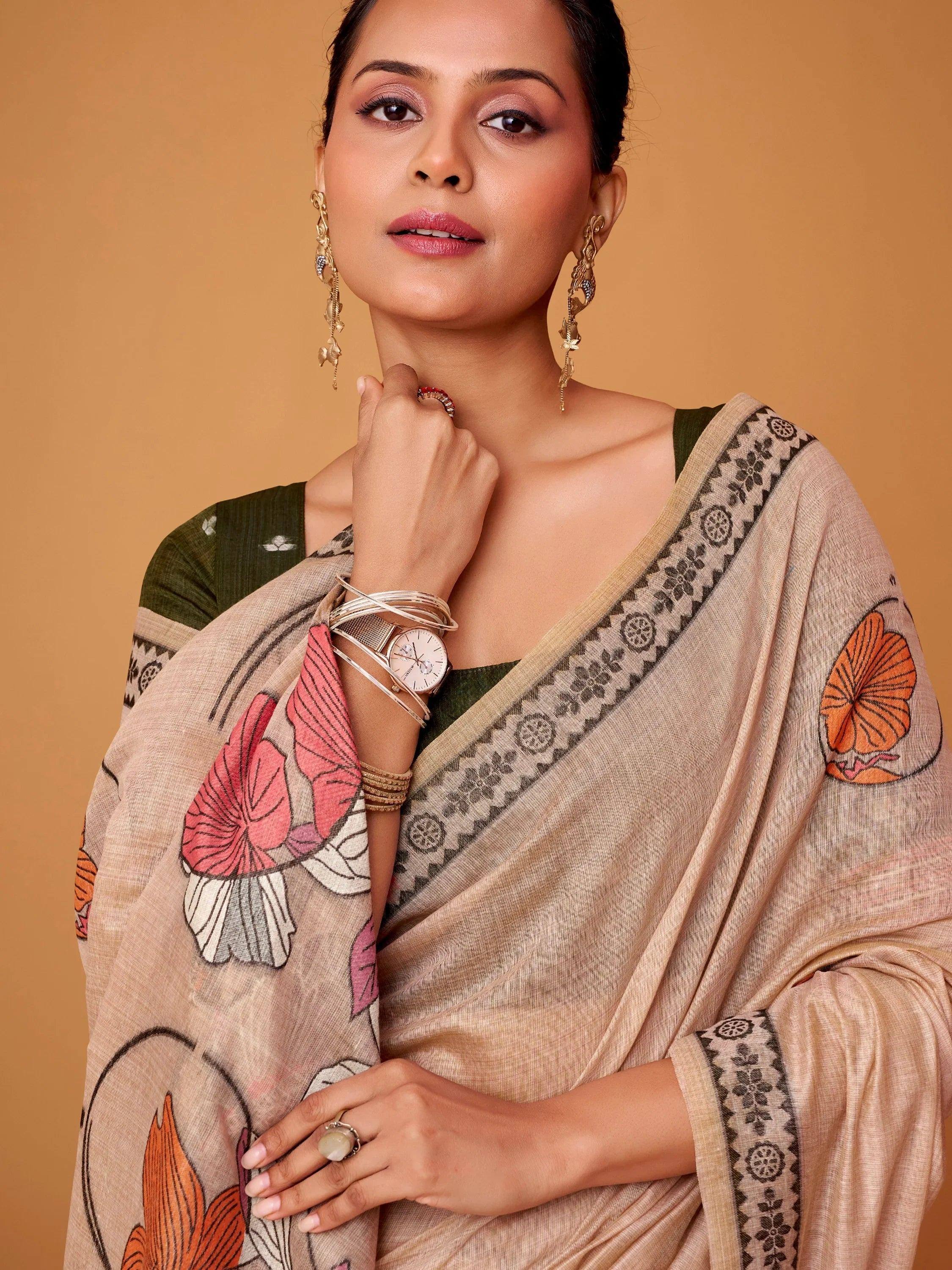 Woman in floral print saree with ethnic jewelry, styled for Indian ethnic wear