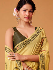 Amazing Yellow Floral Printed Cotton Office Wear Saree With Blouse