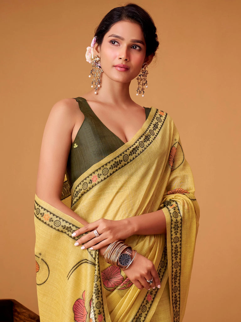 Amazing Yellow Floral Printed Cotton Office Wear Saree With Blouse